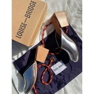Louise-Bridge Metallic Silver Wood Block Heel Mules